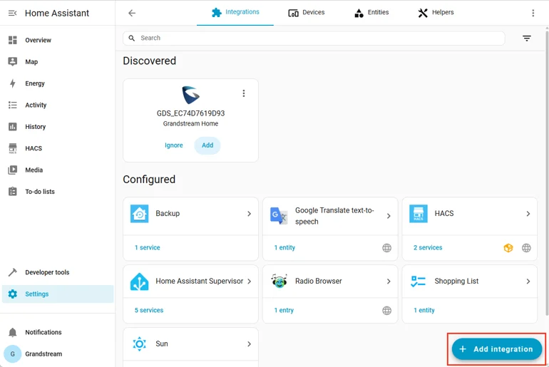 Home Assistant Integrations page showing a discovered Grandstream Home GDS device with Add button