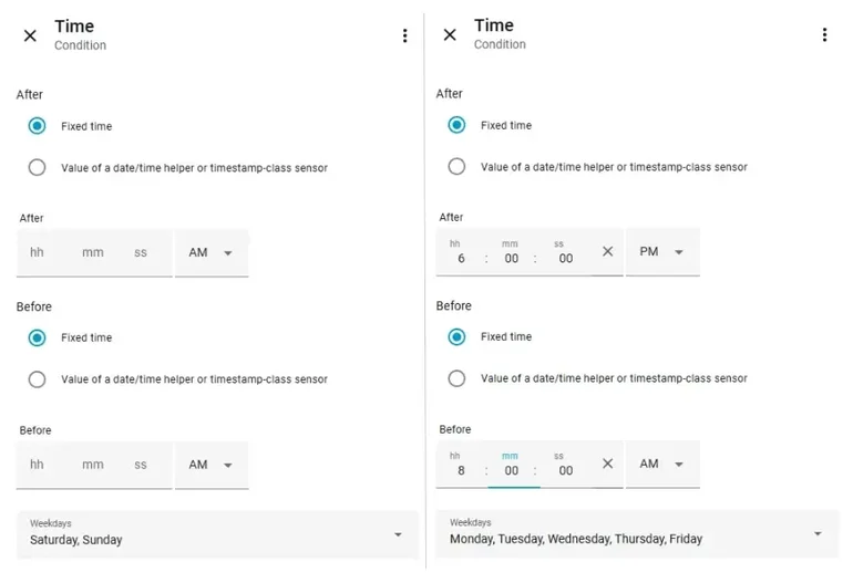 Home Assistant time condition panels with After and Before fixed times and weekday selection