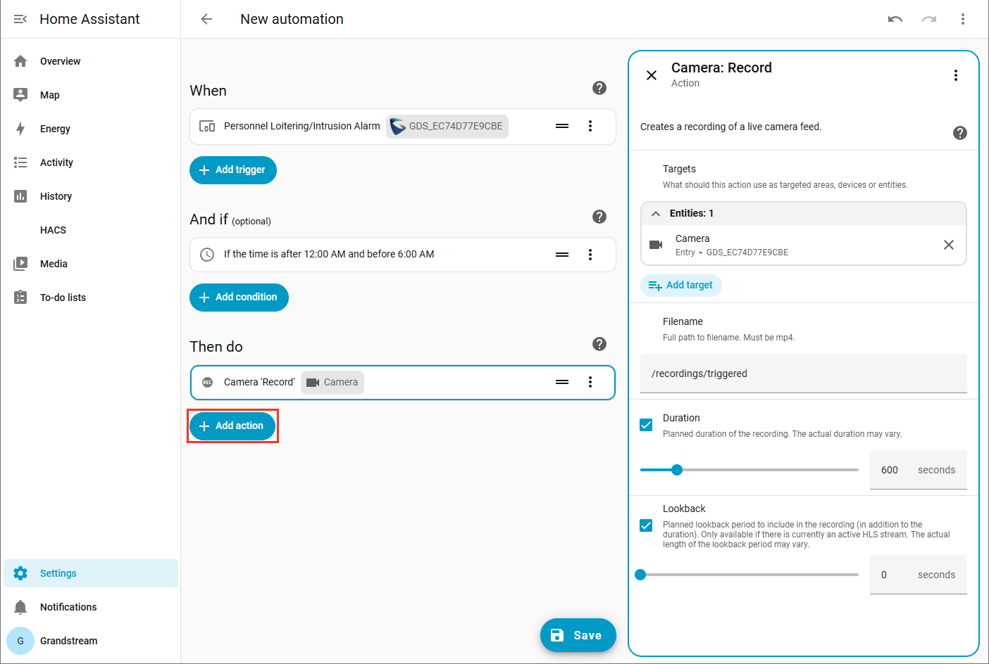 Home Assistant new automation with Personnel Loitering/Intrusion Alarm trigger, time condition, and camera record action
